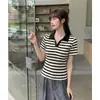 Tiro Real # Camiseta de Manga Corta a Rayas Blancas y Negras para Mujer, Diseño Único, Nuevo Estilo de Verano, Cuello Polo de Color Contrastante, Estilo Corto