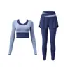 Conjunto Fitness Feminino Profissional com Bojos Manga Longa Secagem Rápida Calça Saia Justa de Cintura Alta Levanta Bumbum Roupa para Corrida Treino Yoga