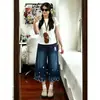 Calça Capri Capri Feminina de Verão 2026 Retro Americano Bordado Gatinho Manga Três Quartos Design Irregular Solta Cintura Alta Perna Larga