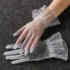 Guantes de Boda para Mujer Estilo Coreano Transparentes de Malla Fina Cortos Color Negro y Blanco Rosa Guantes con Dedos para Primavera, Verano y Otoño