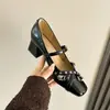 Em Estoque Sapatos Mary Jane Pretos de Bico Quadrado com Salto Bloco, Laço de Strass, Tira Única, Boca Rasa, Salto Alto V58-1