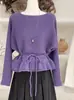 Elegante Suéter de Punto con Mangas Murciélago Volantes para Mujer, Estilo Coreano, Nuevo Diseño de Invierno, Ceñido a la Cintura, Efecto Adelgazante, Suéter de Cuello Redondo