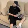Traje Deportivo Casual de Waffle para Hombre Verano 2023 Moda Pareja Camiseta de Manga Corta con Tres Rayas Pantalones Cortos de Manga Corta