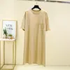 Vestido de Manga Corta de Algodón Puro para Mujer Verano Estilo Coreano Largo Holgado Ropa Exterior Vestido de Bolsillo Cómodo Hogar Vestido de Noche para Mujeres Embarazadas