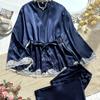Pijama Feminino Europeu e Americano Transfronteiriço Manga Longa Confortável Cor Sólida Seda Gelada Cetim Renda Sexy Seda Artificial Robe Externo Roupa de Casa