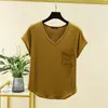 Camiseta Feminina de Manga Curta com Decote V em Modal para o Verão, Nova, Cor Sólida, Solta, Emagrecedora, Fina, com Bolso, Camisa Básica Top
