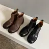 Botines Chelsea de cuero de vaca de primera capa para mujer, botines de color desgastado, nuevo modelo de otoño, botines de cuero genuino con punta redonda y tacón grueso medio, botines cortos retro para mujer