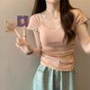 Camiseta de Punto de Seda Helada de Cuello Cuadrado y Manga Corta para Mujer, Verano, Nuevo Estilo Occidental, Reductora de Edad, Delgada, Ajustada, Adelgazante, Top de Moda