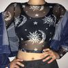 Ropa Popular Transfronteriza para Mujer Verano 2024 Europea y Americana Nueva Camiseta de Malla Transparente con Estampado de Estrella y Luna Top Corto