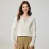 / Coleção Idle - Suéter de Tricô de Cashmere com Gola Henry para Mulheres, Estilo Retro Intelectual, Suéter Pulôver Emagrecedor