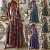 Vestido Longo Floral Boêmio Feminino, Decote V com Mangas Flare, Cintura Alta Estampada Vestido de Férias