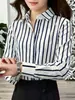 Roupas femininas transfronteiriças europeias e americanas: camisa de manga comprida listrada em preto e branco com colarinho, design casual de abotoamento simples, adequada para o trabalho e para o dia a dia