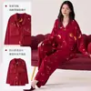 Pijama Rojo para Mujer en Primavera y Otoño con Cárdigan Acolchado de Algodón con Cuello Kimono Conjunto Dulce Casual para Casa