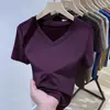 Camiseta Pulôver Feminina de Algodão e Seda Fresca para o Verão, Cor Sólida, Gola V, Manga Curta, Versátil para o Dia a Dia