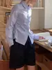 Camisa de Manga Larga a Cuadros Azules Pequeños con Cintura Fruncida Estilo Intelectual SS 2025