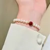 Pulsera de Plata de Ley S925 Perla Shijia Ágata Rojo Natural Cuentas Cilíndricas Pulsera de Cuenta Calabaza Animal del Año Simple Joyería para Mujer