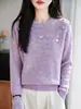 Nova Coleção Outono/Inverno 2026: Blusa de Tricô Feminina Lisa, Manga Longa, Gola Redonda com Apliques Pesados de Strass, Pulôver de Caimento Solto, Camada Base