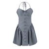 24124-24 Invierno Nuevo Temperamento Retro Francés Falda de Costuras Rayadas Vestido de Tirantes con Cuello Colgante
