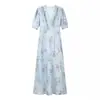 Moda feminina de verão nova transfronteiriça europeia e americana, luxo leve, alta qualidade, vestido francês plissado com estampa e decote V