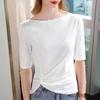 Camiseta de Manga Média e Curta para Mulheres 2025 Primavera e Verão Nova Camiseta de Algodão Elegante de Um Ombro Top com Cintura Franzida
