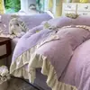 Estilo Princesa de Inverno Renda Roupa de Cama Leite Fleece Conjunto de Quatro Peças Capa de Edredom Fleece Dupla Face Conjunto de Lençóis Fleece Coral Plus