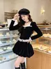 Top de terciopelo court francés con cuello cuadrado para mujer, blusa corta con retazos de encaje y cintura ceñida, petite, adelgazante, retro, ropa para mujer