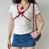 Verão 2025 40 Contagem Algodão Estilo Europeu e Americano Retro Laço Cor Contrastante Ombro Direito Camiseta Branca Feminina Verão Slim Manga Curta Top Feminino