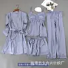 Pijama Feminino de Verão Fino Seda Gelada Renda Sexy Alça Longa Camisola Conjunto de Quatro Peças Roupas Caseiras Femininas com Bojo
