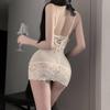 Lianyungang lencería sexy encaje sexy perspectiva falda de cadera uniforme pijama falda de tirantes de malla deseo puro qqny