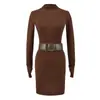 Vestido Elegante de Manga Longa com Gola Alta para Mulheres, Cintura Marcada, Emagrecedor, com Cinto, Vestido Curto Elegante, Vestido Bodycon Justo Sexy