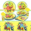 Decoración de Fiesta de Cumpleaños Infantil con Temática de Dibujos Animados Bob Esponja Charola de Papel Vaso de Papel Servilleta de Papel Mantel Vajilla Set
