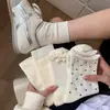 Calcetines Cortos para Mujer para Primavera y Verano, Calcetines de Algodón Delgados Completamente Blancos con Lazo, Encaje Rayado, Estilo Lindo Japonés, Calcetines de Media Caña para Estudiantes JK