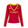 Camiseta de Manga Larga Estilo Americano Retro Hot Girl con Cuello en V y Estampado a Contraste para Mujer, Nuevo Traje Casual de Principios de Otoño con Shorts Deportivos Stretch