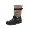 Fivela de cinto estilo europeu camurça color block botas com salto empilhado outono/inverno 2026 salto médio grosso bico redondo botas de cano médio para mulheres tamanho 41