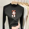 Camiseta interior de forro polar con estampado de dibujos animados para niños, manga larga, para otoño e invierno, tejido cepillado, cuello semi-alto, corte ajustado para niñas