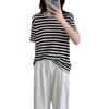 Verano Nuevo Fresco Suave Cómodo Suelto Combinable Seda de Morera ~ Tencel Suéter de Punto de Manga Corta con Cuello Redondo a Rayas para Mujer T