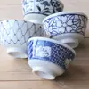 Tazón pequeño de arroz azul y blanco importado de Japón, tazón casero de lados rectos para avena, tazón para sopa, tazón cerámico retro de estilo japonés con pie alto anti-quemaduras