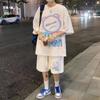 Terno Casual Waffle Masculino Verão Estampado Desenho Animado Moderno Solto Manga Curta Shorts Esportivos com Conjunto de Duas Peças