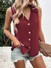 Camisa de Chiffon Casual de Cor Pura com Decote V Solta, Europeia e Americana, Cruzada, para Primavera e Verão 2025, Colete Camisa Fashion sem Mangas com Botão Torcido para Mulheres