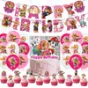 Novedad Transfronteriza Más Vendida Rosa Perro Tema Infantil Fiesta Vajilla Platos de Papel Servilletas de Papel Manteles Suministros de Decoración