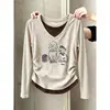 Caída de Temporada de Principios de Otoño Hombros Caídos Cuello en V Falso Dos Piezas Algodón Puro Manga Larga Camiseta Mujer Adelgazante Albaricoque Capa Base Superior Nuevo Estilo 2026