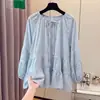 2026 Tamanho Grande Patchwork de Renda Cadarço Camisa Boneca Temperamento Suave Versátil para Meninas Plus Size Manga Longa Top Feminino Camisa Pequena