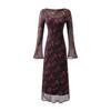 Vestido Retro Francés de Malla con Estampado Jacquard de Terciopelo Cuello Redondo Manga de Trompeta Otoño Nuevo Cintura Alta Delgado Elegante Falda Larga