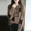 Nuevo suéter corto de punto para mujer de otoño e invierno, con bloques de color transfronterizos, cuello redondo y patrón jacquard, camiseta básica adelgazante
