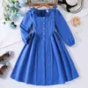 Vestido para Niña Estilo Europeo Otoño Nuevo Cuello Cuadrado con Lazo Mangas Abullonadas Vestido de Princesa Venta al por Mayor Transfronteriza
