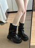2025 Novo Verão Estilo Coreano Fashion Versátil Bico Redondo Salto Grosso Solado Grosso Botas para Mulheres com Saias e Solas Macias