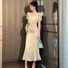 2026 Nova Roupa Feminina de Verão, Estilo Suave com Renda Plissada Costurada, Cintura Alta, Falso Duas Peças, Vestido Cauda de Peixe 11519