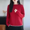 Suéter de tricô redondo com blocos de cor, estilo casual transfronteiriço, 100% algodão puro para mulheres, pesado e grosso, emagrecedor e rejuvenescedor, vermelho
