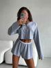 Moda Europea y Americana Camisa de Botones de Manga Larga Crop Top Shorts Traje Transfronterizo Sexy Chica Caliente Casual Ropa para el Hogar Conjunto de Dos Piezas