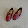 Sapatos Femininos Rasos de Bico Redondo com Tiras Duplas Estilo Retro Francês, Sapatilhas de Couro Genuíno com Tachas, Sapatos Estilo Mary Jane Vovó